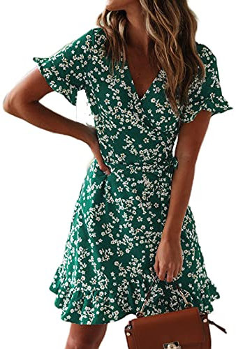 TOPLAZA Beach Wrap Dress Women Chiffon V Neck Flower Print Short Sleeves, Green, XL