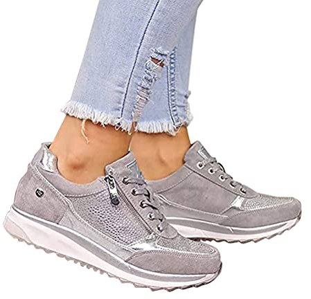 Onsoyours Sneakers con Lacci in Pelle Donna Scarpe da Ginnastica Moda Zeppa da Donna Casual Scarpa Estiva Stringata con Cerniera Laterale Grigio 36 EU