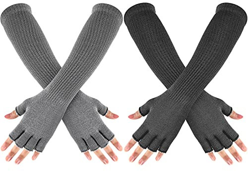 2 Pairs Winter Fingerless Gloves Long Thermal Knitted Mittens Stretchy Arm Warmers Half Finger Gloves for Men Women, 11 Inch (Light Gray, Dark Gray)
