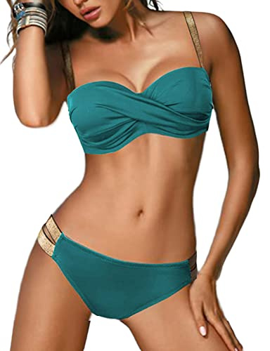 UMIPUBO Swimsuits for Women Push Up Padded Bikini Sets Low Waisted Swimwear Two Piece Bathing Suits Swimming Costume (Dark Green, L)