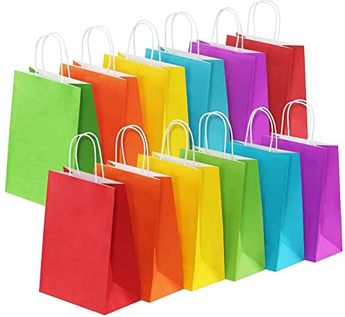 30 Stück Papiertüten Bunt Geschenktüten Papiertüten mit Henkel Kraftpapier Tüten fur Kindergeburtstag Hochzeiten Feiern Weihnachten Halloween 21 x 15 x 8 cm