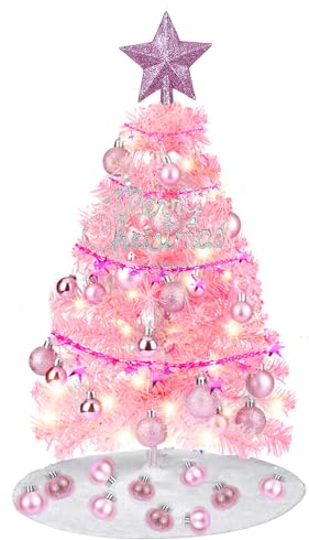 Mini Sapin De Noel 60cm, Mini Sapin de Noël 60cm avec Lumières LED et Ornements Petit Sapin de Noël Artificiel avec 60 Branches et Conseils pour la Décoration de Bureau à Domicile de Vacances (Rose)