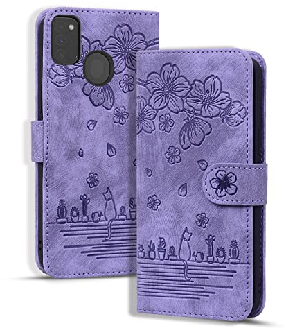 Rosbtib Hülle für Samsung Galaxy M21/ M30S, Premium PU Leder Schutzhülle Magnetic Closure Standfunktion Flip Cover Handyhülle für Galaxy M30S/ Galaxy M21 (Lila Katze)