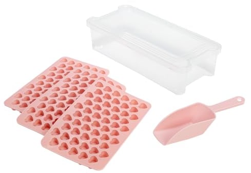 Paris Hilton Heart Shaped Mini Ice Cube Tray Set - 3 Molds, Ice Bin Storage with Lid & Scoop, Easy Release Silicone, BPA Free, Pink, 6-Piece