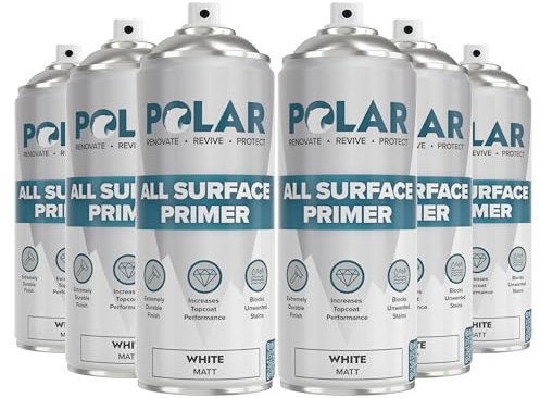 Polar Matt White Primer Spray Paint - 6 x 400ml | High-Build Filler Primer Paint for Wood, Metal, Plastic, Ceramics, Tiles & Painted Surfaces | Spray Primer for Long Lasting Protection & Quick Drying