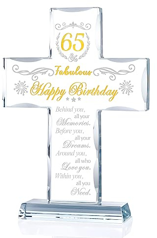 Ornalrist Geschenk zum 65. Geburtstag für Frauen, Glaskreuz mit Gravur Happy 65 and Fabulous Birthday, religiöse Geburtstagsgeschenke für Männer, Freunde, Mutter