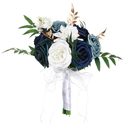 Bouquet da Sposa con Fiori Artificiali per La Sposa, Bouquet da Lancio, Che Tengono a Mano Bouquet da Damigella d'Onore da Sposa con Ros, Blu Bianco