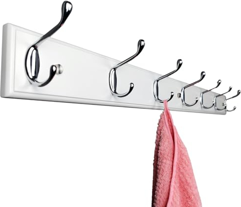 lomejii Porte-manteau mural bois blanc avec 7 crochets argentés, 90 cm longueur, patère mural pour manteau, chapeau, sac, grande portemanteau moderne pour entrée, couloir, chambre à coucher