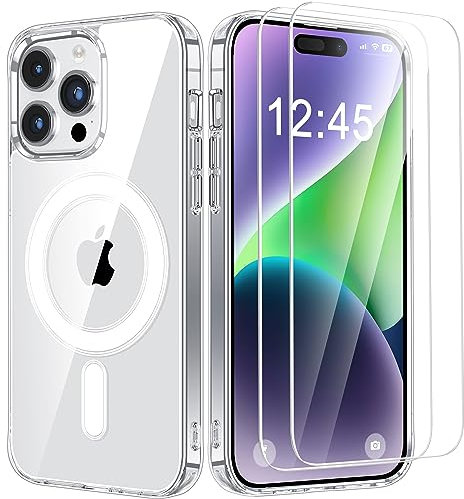 Bestcellcase Magnetic for iPhone 15 Pro Max Case, [2* 9H Glass Screen Protector] [Anti-Yellowing] [Suppport Magsafe Accessories] Shockproof Anti-Scratch Clear Case Cover for iPhone 15 Pro Max - Clear