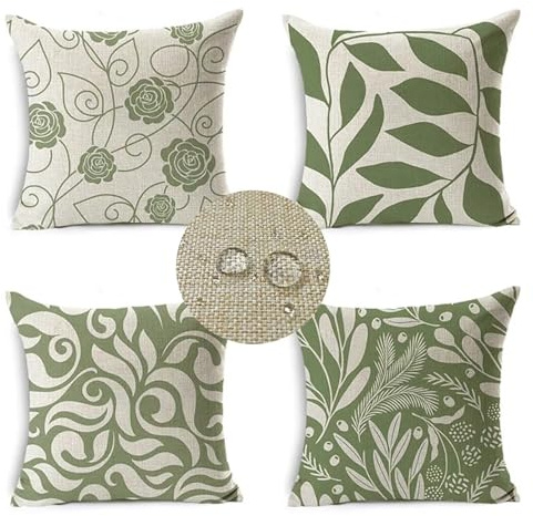4er Set kissenbezüge 45x45cm Blatt Deko Kissenbezug Salbei Grün Outdoor Kissen Wasserfest kissenhüllen für Schlafzimmer Wohnzimmer Büro Garten Sofa,Wasserfest Leinen Sommer Garten Zierkissen HW8078