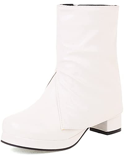 Lizoleor Donna Moda Punta Rotonda Tacco A Blocco Con Risvolto Stivaletti Casuale A Collo Alto Riding Stivaletti Plateau Senza Chiusura Inverno Casuale Stivali Chelsea Bianco Numero 33 Eu