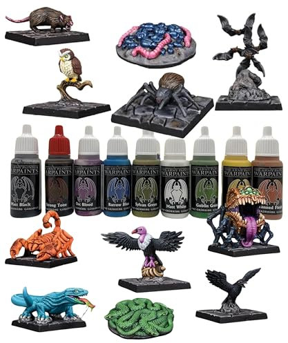 Grinning Gargoyle - Dungeon Critters Miniatures - Plus 10x Army Paint Starter Set - Includes Bat Spider Raven Vulture Lizard Scorpion Owl Rat Insect swarm Snakes Mimic 28mm DnD Miniatures