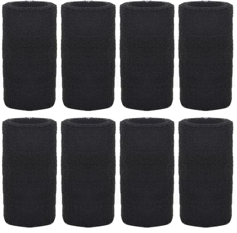 8 Pièces Serre Poignet Bracelet Eponge Poignet Absorbants Bandeau de Poignet Sport Serre Poignets Élastiques Bande Poignet pour Le Tennis Le Basket-Ball Le Football la Course à Pied (Noir)