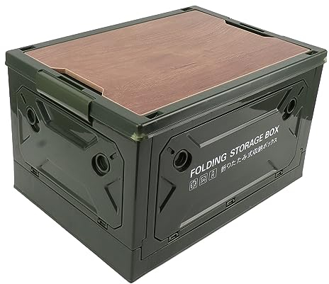 Collapsible Storage Bins with Wood Lid, Folding Camping Plastic Storage Box, Stackable Closet Organizers and Storage Container for Camping, College Dorm, Office, Outdoor, Indoor