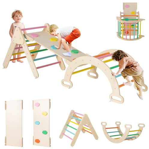 DREAMADE Triangle Escalade Bebe Montessori pour 1+ Ans, Échelle d’Escalade en Bois avec Triangle/Arche/Rampe, Convient pour Enfant à Maternelle, Maison (Multicolore)