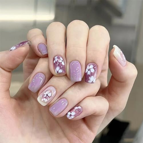 24pcs Short Square False Nails Purple Ombre Stick-on Flower Pattern Press-on Removable Glue-on Full Cover Fake Nail Art Accessories for Women and Brides
