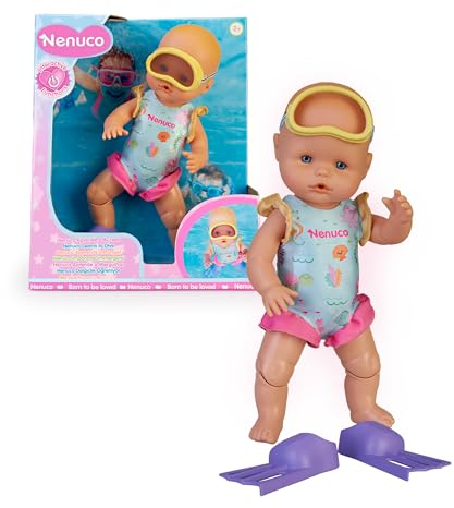 NENUCO - Apprenez à Plonger ! Poupée de 35 cm au Corps Dur Qui Bouge Ses Jambes et nage Seul. avec Votre Aide, Vous Pourrez Plonger dans l'eau et Plonger. Comprend Un Maillot de Bain, des Palmes et