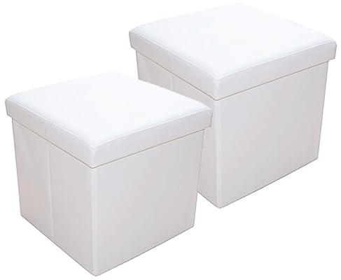 Natsen 2er Set Sitzhocker faltbar Sitzwürfel mit Stauraum, Fußbank Aufbewahrungsbox Sitztruh aus Kunstleder,38 x 38 x 38 cm, White
