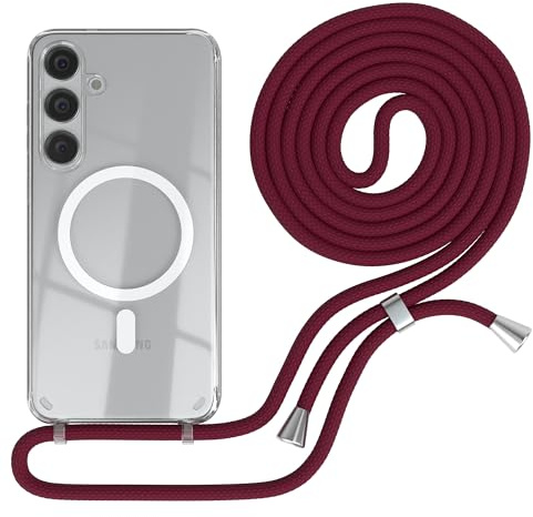 EAZY CASE - Handykette kompatibel mit Samsung Galaxy S24 Plus Kette zum Umhängen Stoßfest Handyhülle für Galaxy S24 Plus Silikon Hülle mit Band Handytasche Transparent als Fallschutz in Burgunder Rot