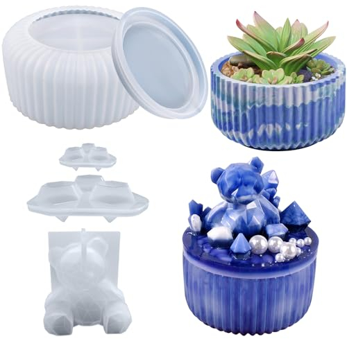 Zepitniy 1 Set Moule à Bougie en Béton Moule en Silicone Bougeoir Moule Coulée Pot de Bougie avec Ours Couvercle Moule Resin Epoxy Moulage Coupe à Bougie pour DIY Coulée Bougies Pot de Fleurs