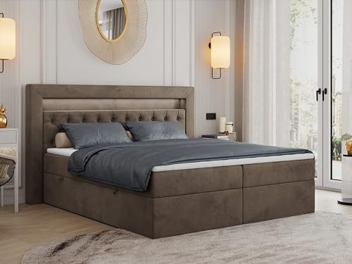 MKS MEBLE Boxspringbett 120x200 mit Led Braun Samt, Bett 120x200 mit LED Kopfteil, Multipocket Matratze H3, Doppelbett mit Bettkasten Stauraumbett - Gold-6 - Braun Velvet