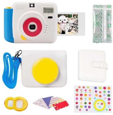 POPOTO Cámara instantánea con funda de cuero, mini 12 calcomanías de decoración de cámara instantánea, marcos, álbum de fotos y más kit de accesorios, combinación de colores