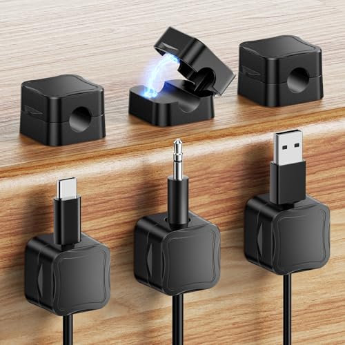 GlasFlength Clips Cable 6 Pièces, Magnétique Clip Cable avec Auto-adhésifs Clips Câble Rangement Management pour Câbles Chargeur Câble Organisateur Table Nuit Cuisine (Noir)