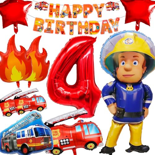 YianHien Feuerwehr Geburtstagsdeko 4 Jahre Jungen, XXL Feuerwehrmann Sam Kinder Geburtstag Luftballons Set Deko für 4 Jahre, Feuerwehr Theme Party Deko, Kindergeburtstag Folienballon Decoration