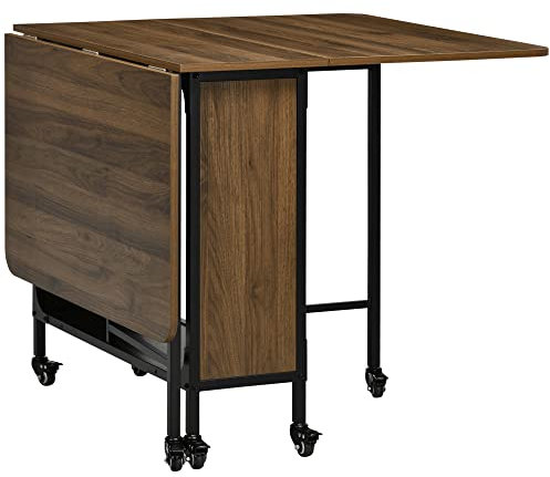 HOMCOM Mobile Drop Leaf Table, Folding Dining Table with 6 Wheels & Storage Shelf for Small Spaces, Kitchen, Dining Room, Light Brown