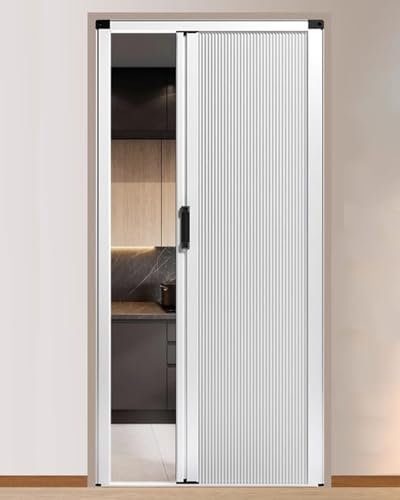 ZIMGOD Falttür Innentüren Ohne Bohren Weiß Falttür Metallrahmen und Vliesplatte, Schiebe-Falttüren mit Griff und Schloss, Trenngitter für Küche und Schlafzimmer, Sondergröße(27x80in (68.5x203cm))