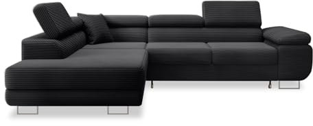 INTENSE DECO Canapé d'angle Gauche Convertible Marius Velours côtelé Noir