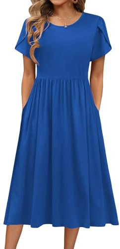 HOTOUCH Women Dress Elegant Tunic Dress Round Neck Casual Dresses Short Sleeve Puff A Line Dresses Classic Midi Dress with Pockets Navy Blue L