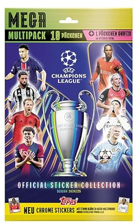 Topps UEFA Champions League Sticker 24/25 - Mega Multipack - 10 Päckchen Plus Bonuspäckchen (66 Sticker Insgesamt)