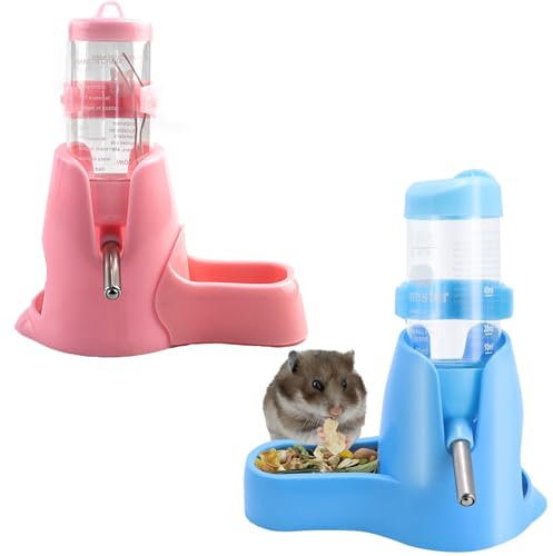 Hamster Water Bottle with Stand,80ml Automatic Bottle Dispense with Food Container No Drip Leak-Proof Feeder Nozzle Water Auto Dispenser Stand for Small Animals, Guinea Pig,Rat,guinea Pig(Blue, Pink)