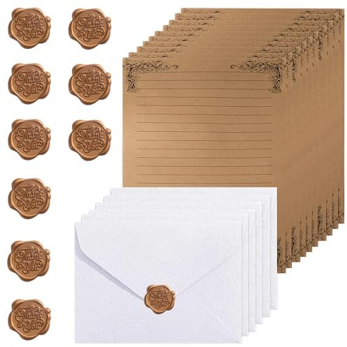 Aweisile Vintage Briefpapier und Umschlag Set mit 10 Umschläge, 10 A5 Schreibpapier, Wachssiegel-aufkleber für Hochzeit Geburtstag