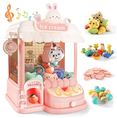 Large Claw Machine for Kids & Adults, Mini Vending Machine with Fun Toys, Candy Dispenser Machine, Arcade Games Prize Dispenser with Music Light, Birthday Gifts for Girls and Boys (Pink Bunny)