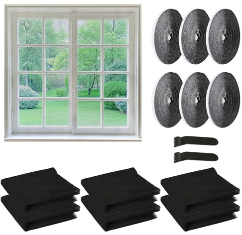 Fly Screens for Windows 6 Packs Window Screen 130 x 150cm Window Netting for Insects with 6 Rolls Velcro Tape Self Adhesive Insect Mesh Window Net Mosquito Net Window Black