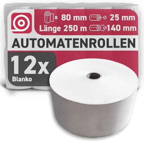 GEBONGT24 Thermorollen 80 mm x 250 m x 25 mm, BPA-frei, 12 Bonrollen mit 55 g/m², langlebig & FSC-zertifiziert - Automatenrollen ∅ 140mm für Ticketautomaten, Verkaufsautomaten & Industriedrucker