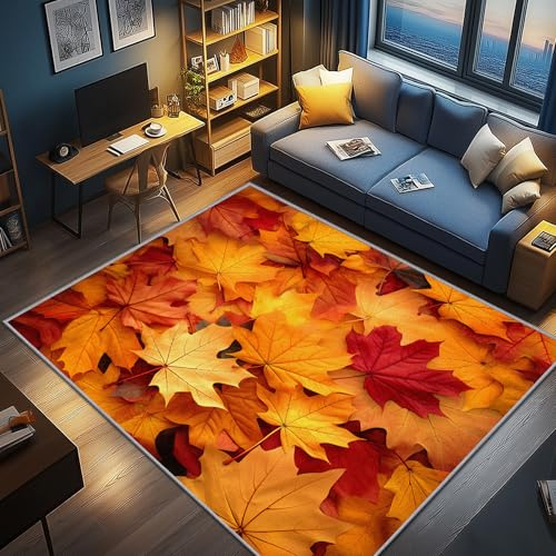 AevuCub Herbstblätter Deko, Herbstmotiv Teppich 160x230 Kurzflor, Großer Teppich Wohnzimmer Herbst, Weich rutschfest Waschbare Teppiche, Bettvorleger Schlafzimmer Kinderzimmer