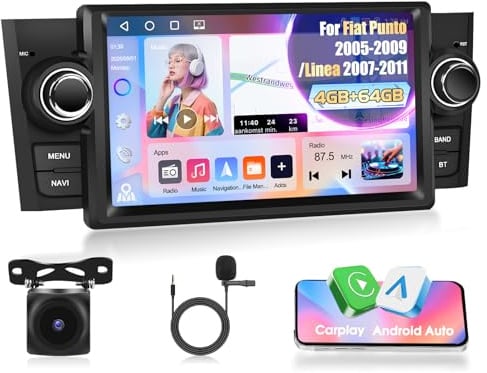 4G+64G Android-Autoradio für FIAT Punto 2005–2009 Linea 2007–2011, Motorsi-Stereoradio Quad-Core Android 15 iOS Carplay Single Din Autoradio 32EQ GPS Bluetooth 5.0 WiFi UI FM/RDS-Radio