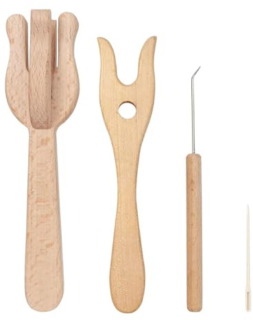 Stickgaffel – träset – 4 st virk- och flätverktyg med ögonnål, bärbar trälucet-gaffel | garn flätningssats för matttillverkning, stickning och handgjord väv