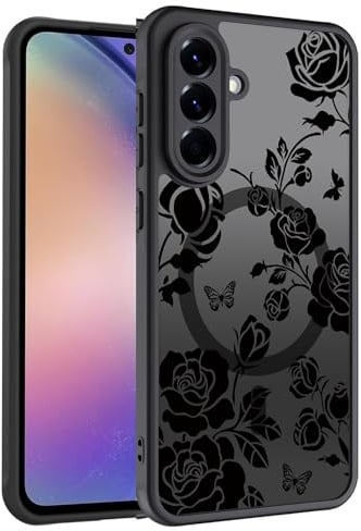 JMDZDL Magnetisch für Samsung Galaxy A54 Hülle, Transluzente Matt Handyhülle für Samsung A54 5G Schutzhülle PC Rückseite TPU Silikon Bumper Stoßfest Case, Rose Floral