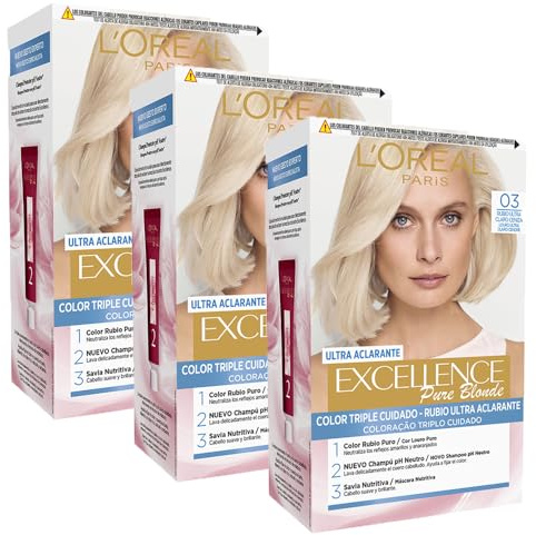 L'Oréal Paris Pack 3 Excellence 03 Rubio Ultra Claro Ceniza | Pack de 3, Tinte permanente, Triple Cuidado con Pro-Keratina, Ceramida e Ioneno G, Excellence