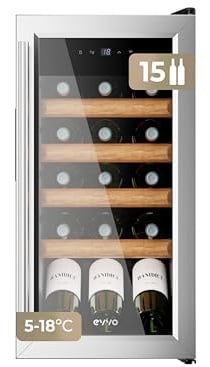 EVVO Vinoteca VT15 Inox – Enfriador de Botellas de Vino 15 Botellas, Vinoteca Pequeña Inox, Nevera para Vinos Silenciosa, Mini Nevera Tipo Minibar y Botellero Vertical