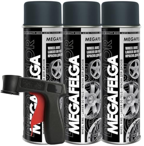 Craft-Equip DC 3er Sparpack MEGAFELGA 500ml inklusive Haltegriff - Felgenlack - Lackspray für Alufelgen und Stahlfelgen (3 Dosen 500ml Felgenlack Grau + Haltegriff)