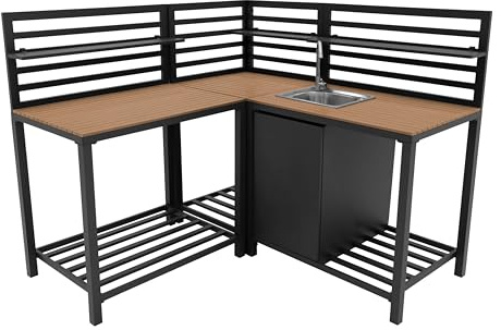 Monster Shop Cucina da Esterno 3 Pezzi Modulare con Lavello e Tavolo Configurazione Angolare o Lineare Alluminio Grigio Antracite Lavello in Acciaio Rubinetto Acqua Fredda Ripiani Regolabili