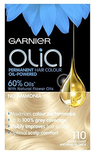 Garnier Olia Super Light Blonde - Tinte permanente para el cabello, sin amoniaco para una agradable fragancia, cobertura de hasta 100% canas, máximo rendimiento de color, 60% aceites, 110 rubio claro,