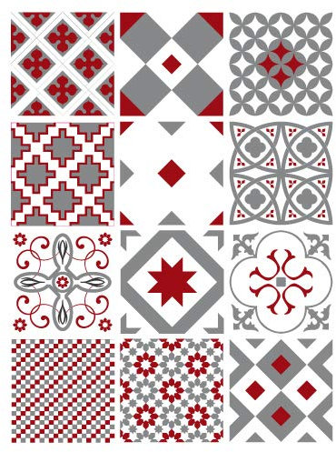 | Carrelage Mural Autocollant | Planche de 12 Stickers Autocollants Adhesifs Carrelage - Carreaux de Ciment - REDDREAM - Dimensions d'un Sticker : 15 x 15 cm - Meubles Cuisine Salle de Bains ...