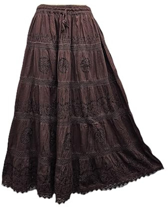Doorwaytofashion Women Cotton Maxi Full Length Skirt Embroidered Boho Casual Festival Summer UK 10,12,14,16,18 Chocolate Brown