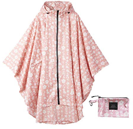 Krespuka Poncho de pluie imperméable pour femme avec capuche et fermeture éclair, motif fleur rose, taille unique
